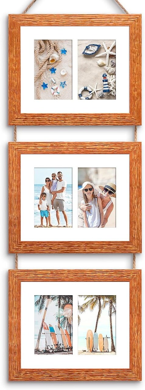 8x10 Hanging Picture Frames with 6 Openings 4x6 Pictures, HD Real Glass 8x10 Wall Hanging Collage frames with Mat, Hemp Rope Multiple Photo Frames for Wall Decor (Carbonized Brown, 1 Pack)